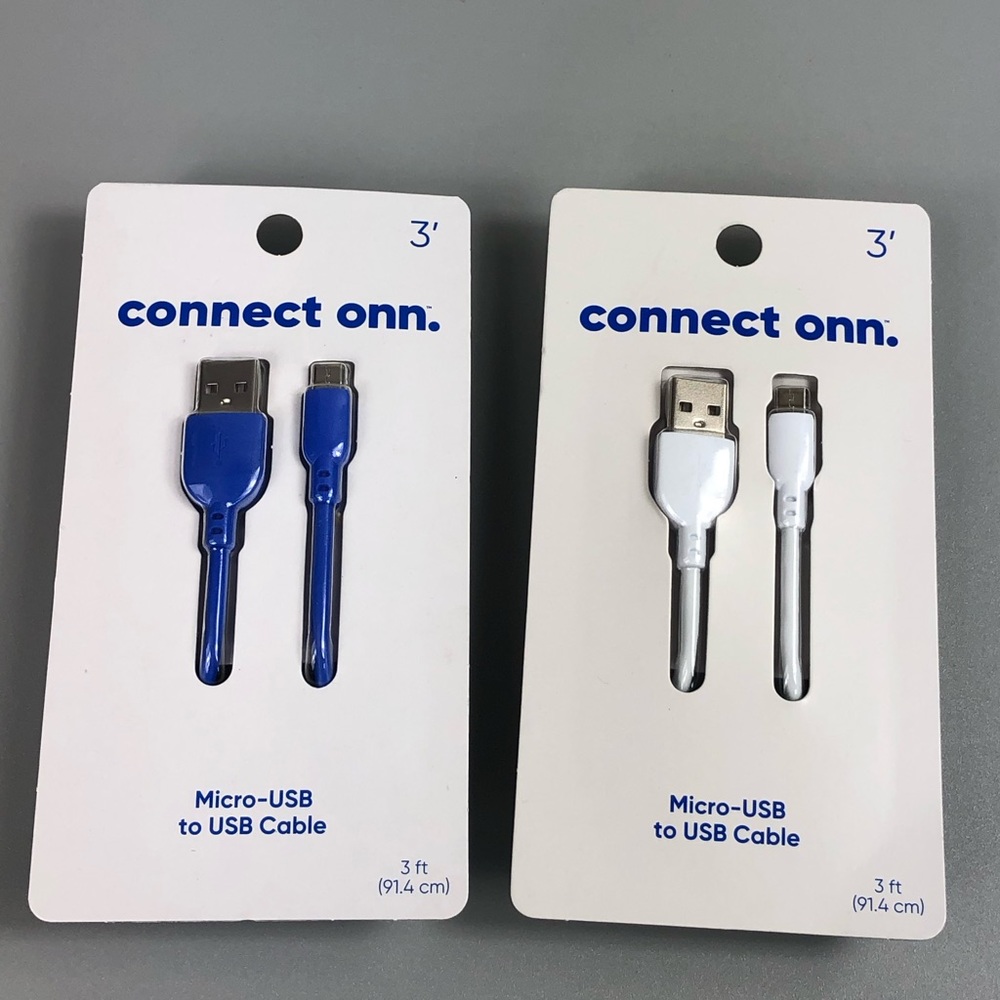 onn. Micro-USB to USB Cable, 3 ft, Blue and White 2pk